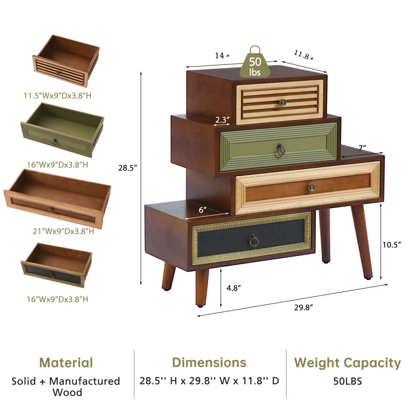Fienley Staggered 4-Drawer Small Cabinet With Artistic Mixed Materials, Vintage Handles, And Compact Design