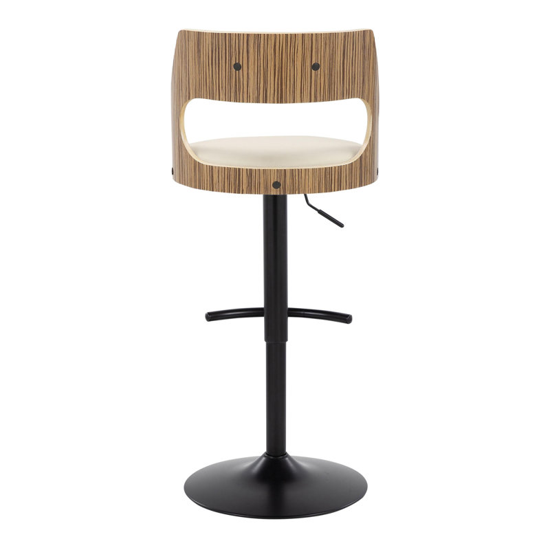 Adjustable Black Metal and Zebra Wood Barstools with Cream Faux Leather