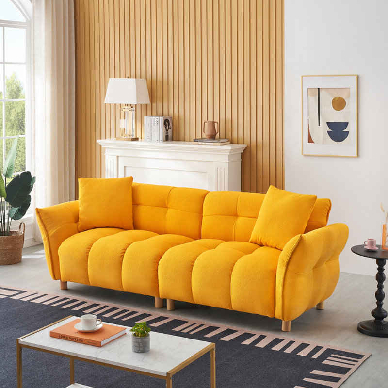 Canapé en tissu de 93,70 pouces de long avec deux coussins assortis et trois sièges spacieux et confortables, Jaune