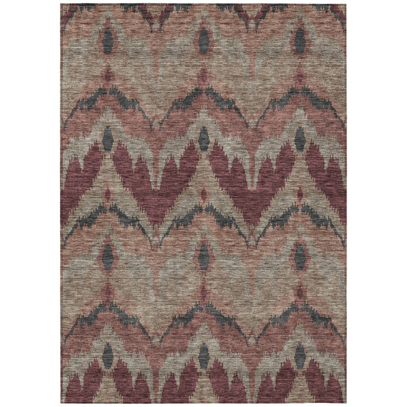 3' X 5' Burgundy Beige And Charcoal Ikat Washable Indoor Outdoor Area Rug