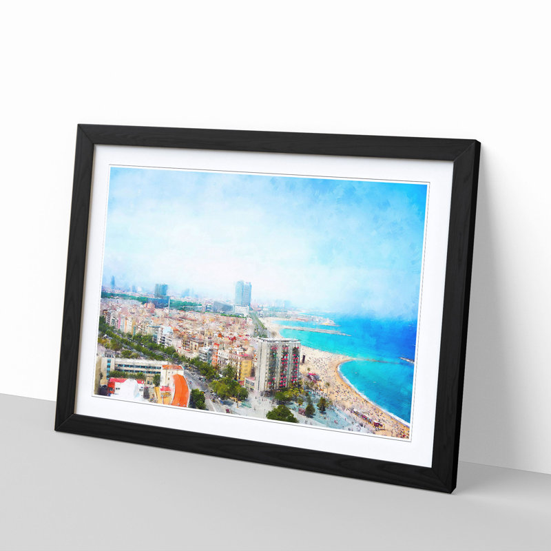 The Barcelona Skyline in Spain - Picture Frame Painting Print, Black Framed, 45cm H x 63cm W x 2cm D