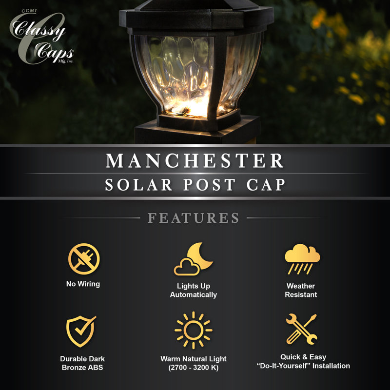 CLASSY CAPS Manchester 4 in. x 4 in. Dark Bronze ABS Plastic Outdoor LED Solar Post Cap (2-Pack)