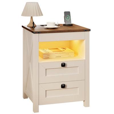 17.3"W 2 - Drawers Nightstand with LED light, Farmhouse End Table with  Wireless Charger& Human Sensor