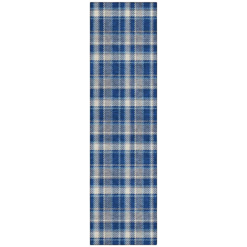 8' Runner Navy and Ivory Plaid Washable Non Skid Indoor Outdoor Runner Rug