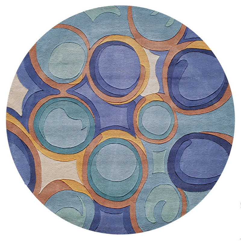 Tapis bleu / bleu sarcelle / orange en laine touffeté à la main Ayano, Rond 5 pi 9 po