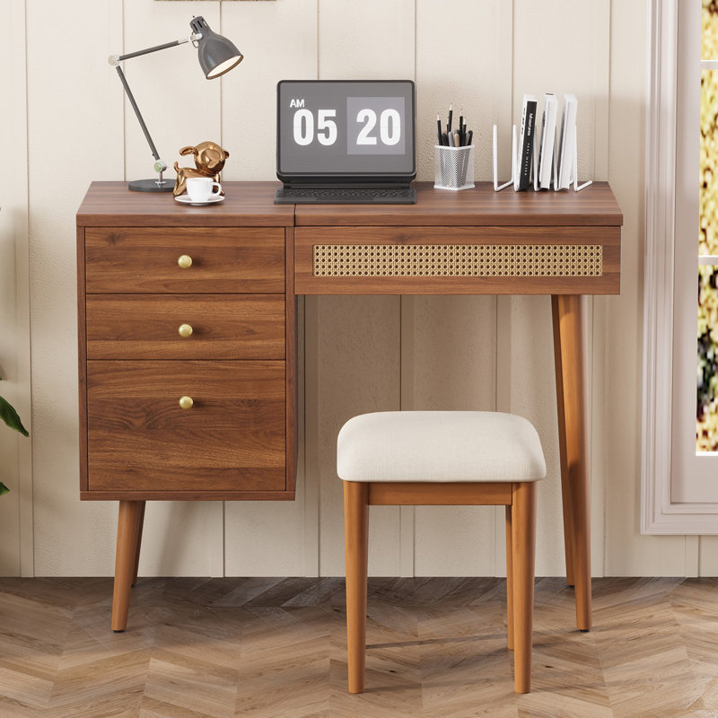 Retro Bohemian Style Vanity, Vantiy Desk with Mirror and  LED Lights, Dressing Table with Flip-Top Tabletop, Walnut