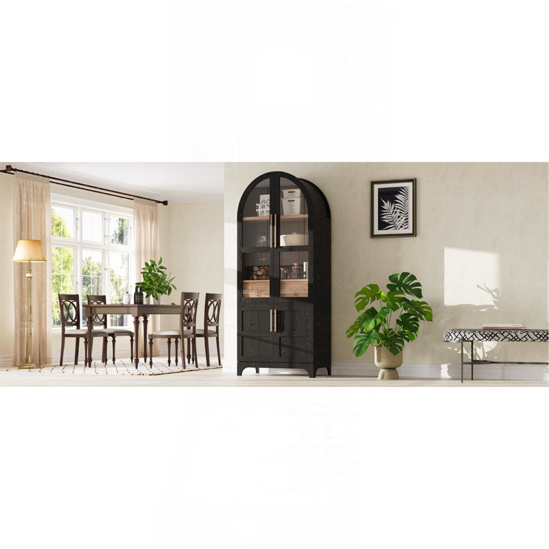 71" Tall Arched Kitchen Pantry Cabinet with Door Shelves, Farmhouse Kitchen Storage Cabinet with Open & Adjustable Shelves, Hidden Drawer & Glass Door, Cupboard for Kitchen, Dining Room, Black