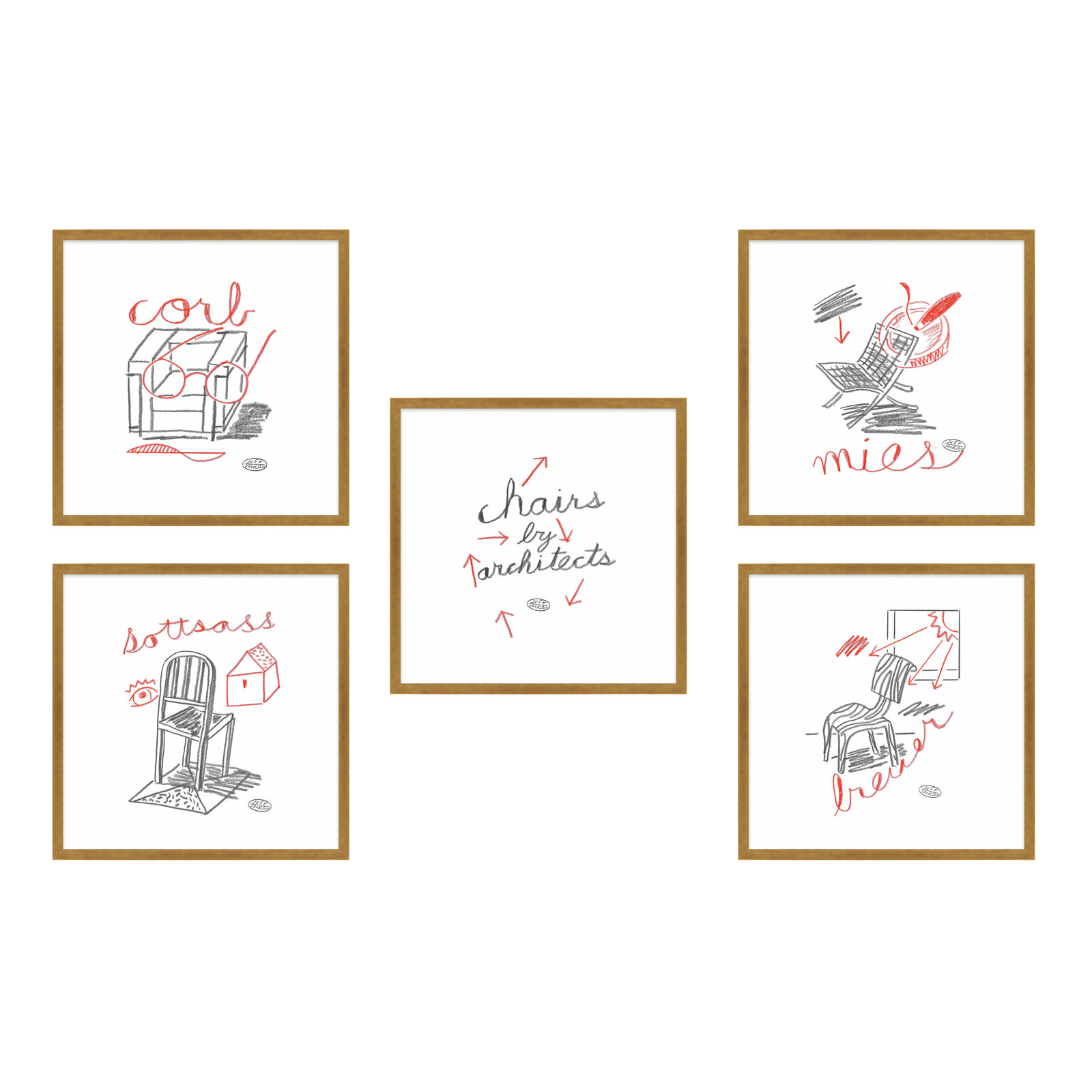 Amir "Chairs" 5-Piece Print Set by Jeff Jackson, 10" W x 10" H, Gold Single Picture Framed Paper