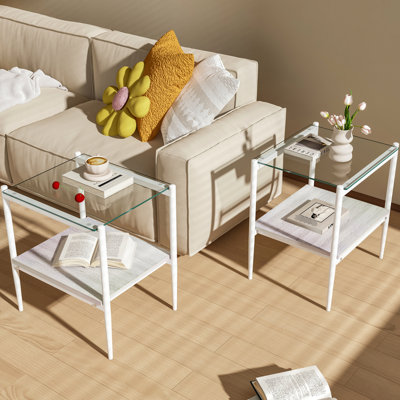 Ensemble de 2 tables de bout rectangulaires, plateau en verre trempé avec panneau de fibres à densité moyenne, table moderne pour le salon, verre transparent