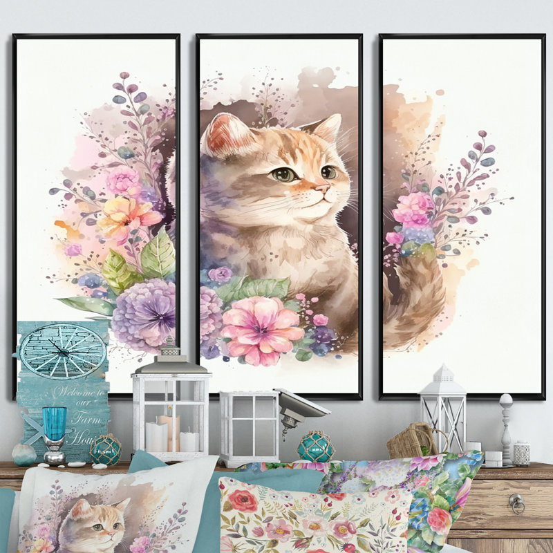 Petit chaton entouré de fleurs colorées II - animaux, ensemble d'art sur toile_80575, H 20 po x l 36 po x P 1 po