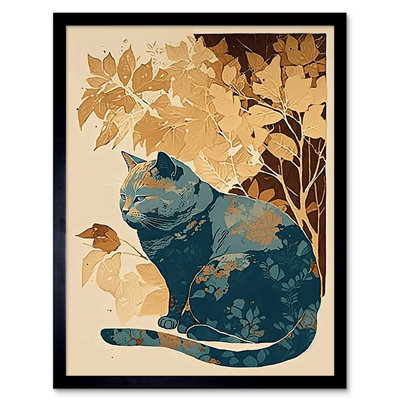 Cat By Countryside Shrub Bush In Autumn Modern Linocut - Single Picture Frame Print