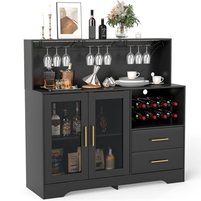 Modern Wine Bar Cabinet With Led Lights, Coffee Bar With Wine Racks And Glass Holder, Charging Station by Ivy Bronx
