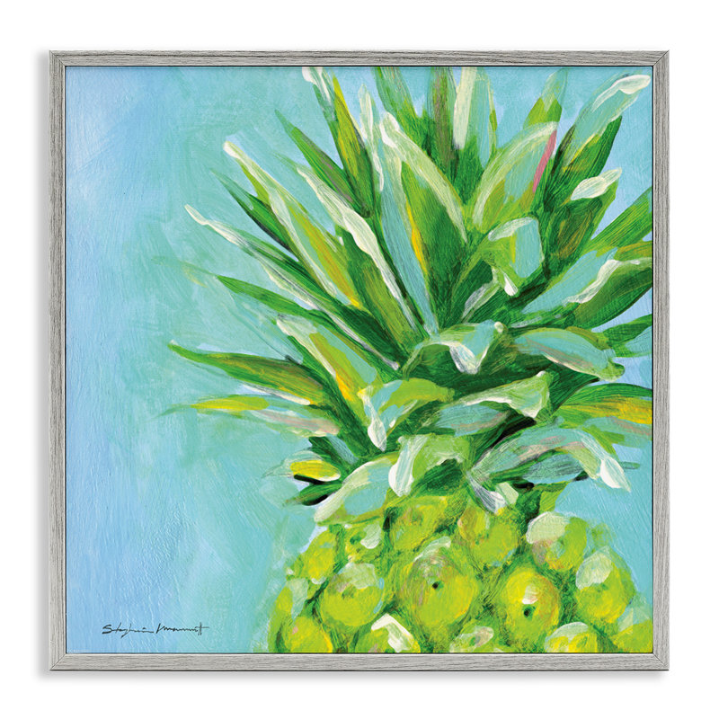 «Tropical Blue Pineapple Fruit» par Stephanie Workman Marrott - peinture à cadre flottant sur bois
