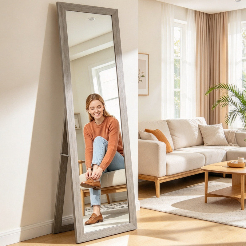 Grey Rectangular Full Length Mirror, 37 x 157 cm Full-Body Grooming Mirror with Dual Hanging and Freestanding Placement Options for Living Room and Bedroom Daily Use