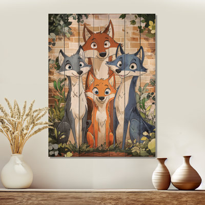 Nursery Kids Wolves Cartoon I - Wolf Animal Wooden Wall Art On Natural Pine Wood