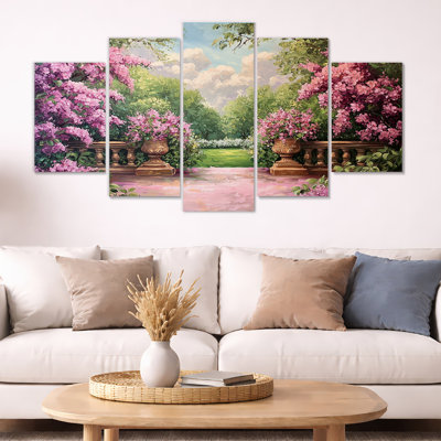 Jardin lilas dans la campagne française I - lilas, art mural 5 panneaux de salon