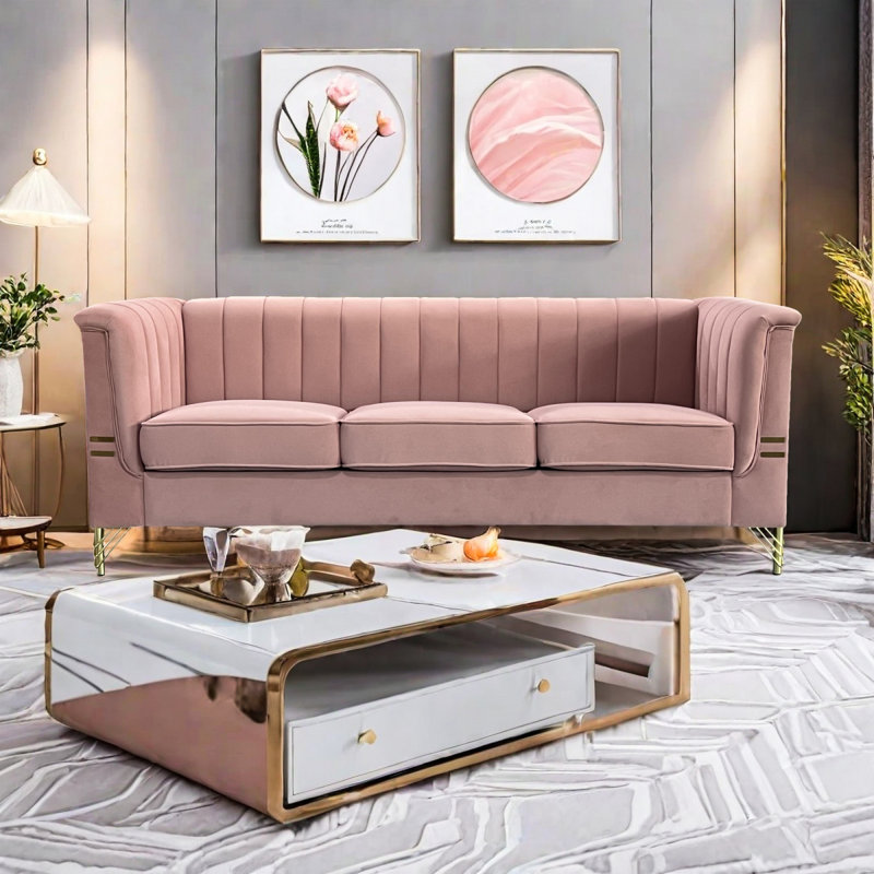 Canapé en velours, canapé Chesterfield, canapé Living, canapé en velours Friscia, Velours rose