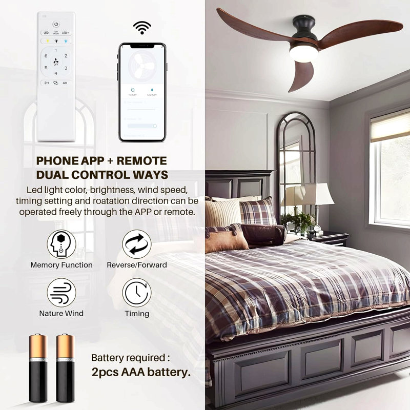 Ventilateur de plafond moderne de 52 pouces avec 3 pales en bois massif à intensité variable et télécommande, Noir, Noir