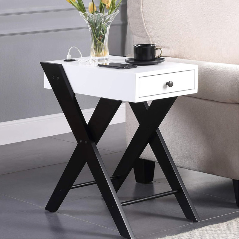 Table d'appoint rectangulaire avec tiroir et - Design blanc noir élégant et pratique