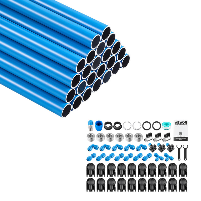 Trousse de tuyauterie pour compresseur d'air, 90 pi x 0,68 po au total, système de tuyauterie en aluminium pour air comprimé, résistant à la haute pression, étanche et facile à installer pour les garages et les ateliers.