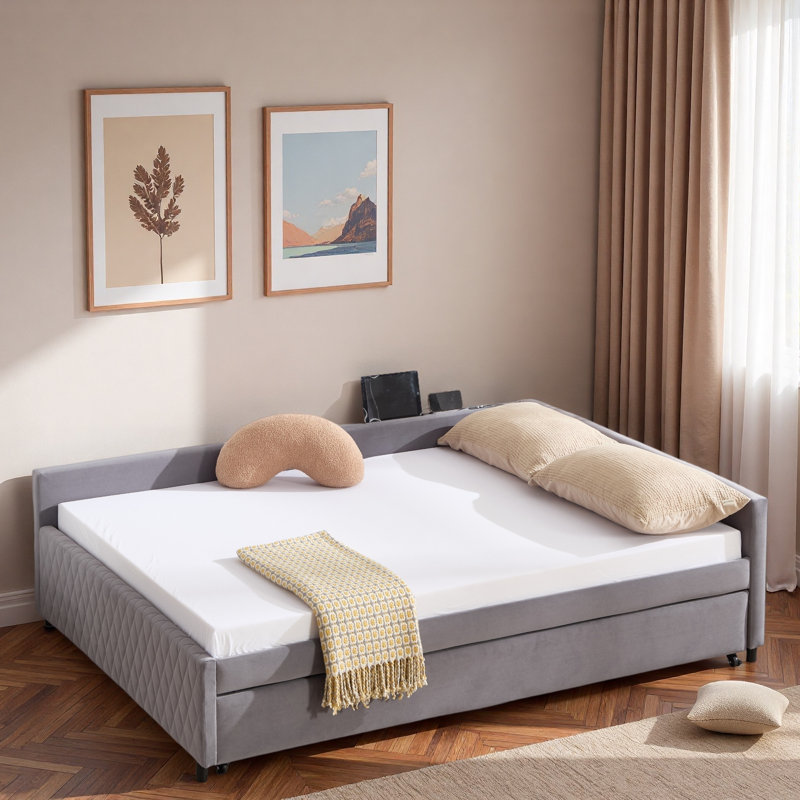 Upholstered Daybed With Trundle And Usb, Gray