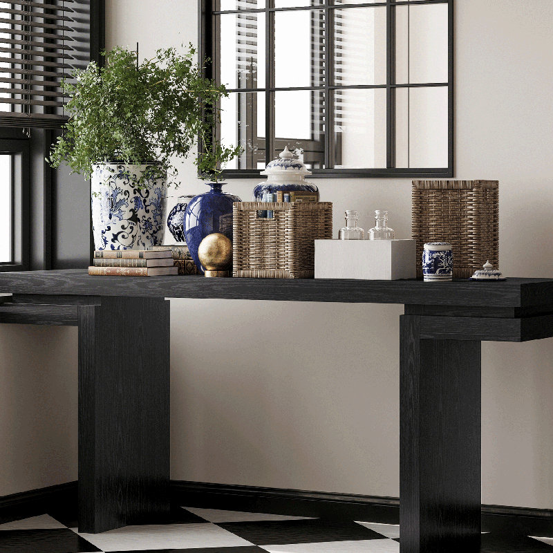 Console très large 66 po en placage de bois massif, canapé simple pour entrée, noir