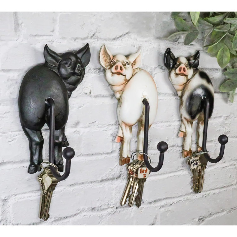 Set Of 3 Rustic Western Farm White Black Spotted Pigs Hind Butt Coat Wall Hooks