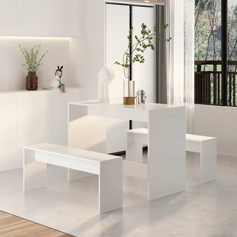 Ensemble de salle à manger 3 pièces vidaXL avec 2 bancs en bois d'ingénierie, Blanc très luisant