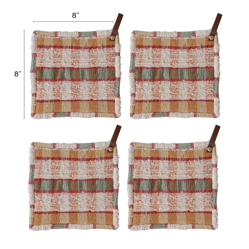 Support à casserole rayé en coton et laine tissé avec boucle en cuir