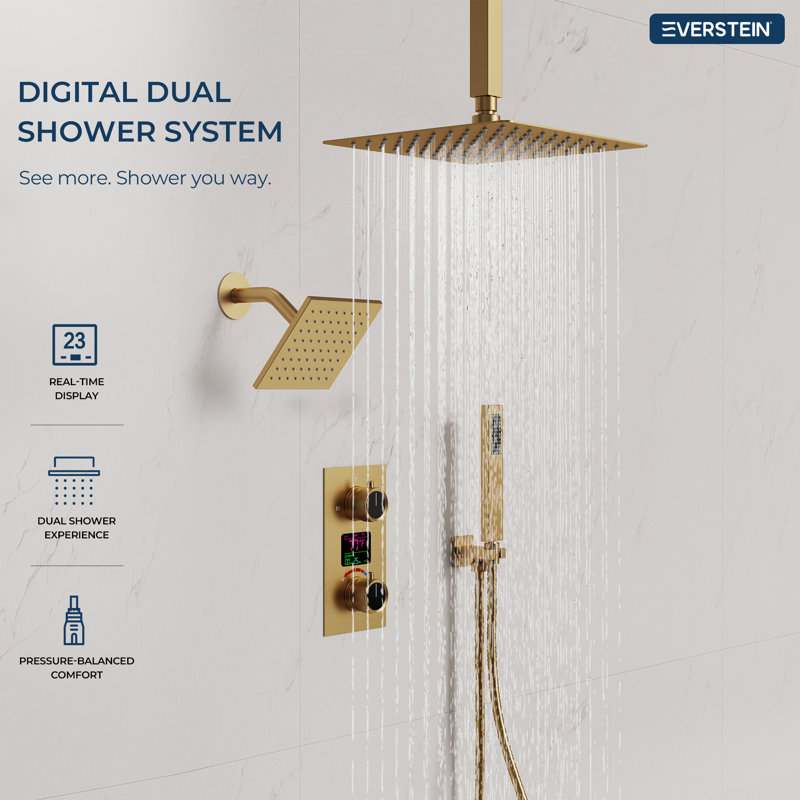 Dual Showerheads Digital Shower System, 12" Ceiling Mount Rainfall Shower Faucet with Handheld Shower, Brushed Gold