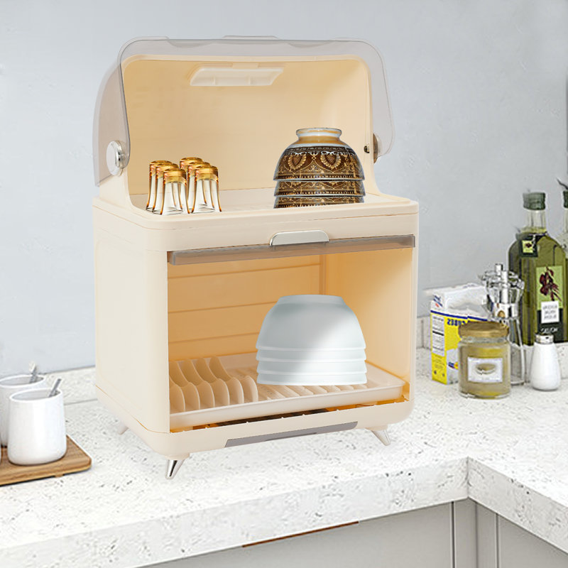 Séchoir à vaisselle à 2 niveaux, boîte de rangement pour la vaisselle, Jaune beurre