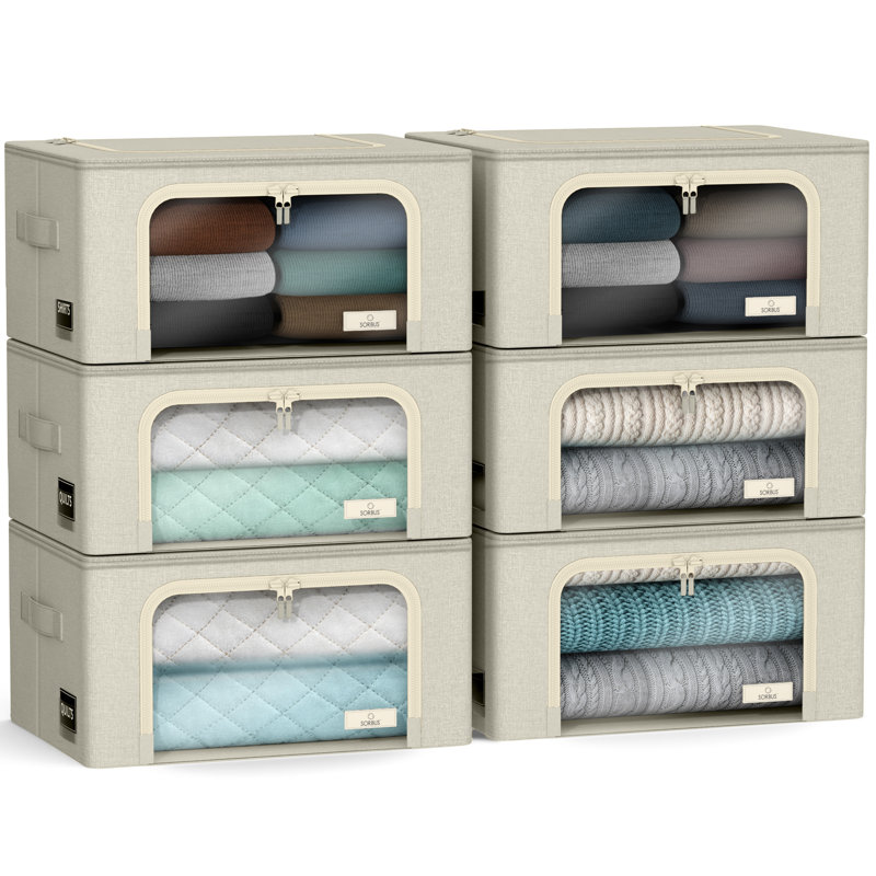 Sorbus Fabric Storage Bins: Stackable, Foldable Organizer Bags, with Clear Window (Set of 6), Beige, Beige