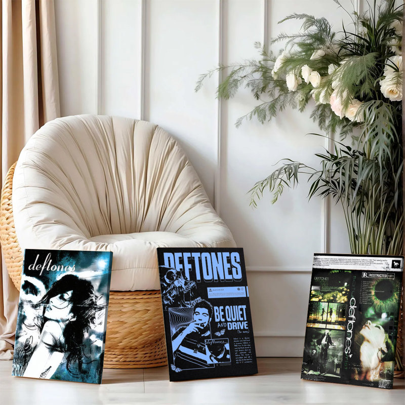 Ensemble de 3 affiches encadrées, reproductions sur toile des pochettes d'albums « Be Quiet and Drive » des Deftones, style rock vintage. Décoration murale idéale pour le salon, la chambre à coucher, le studio de musique ou comme cadeau pour les fans.