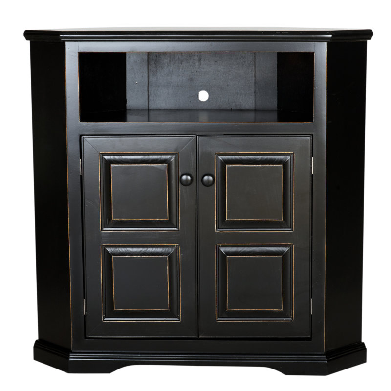 Meuble télé d'angle en bois massif pour téléviseur de 43 po ou moins Wentzel, Noir antique, Panneau surélevé