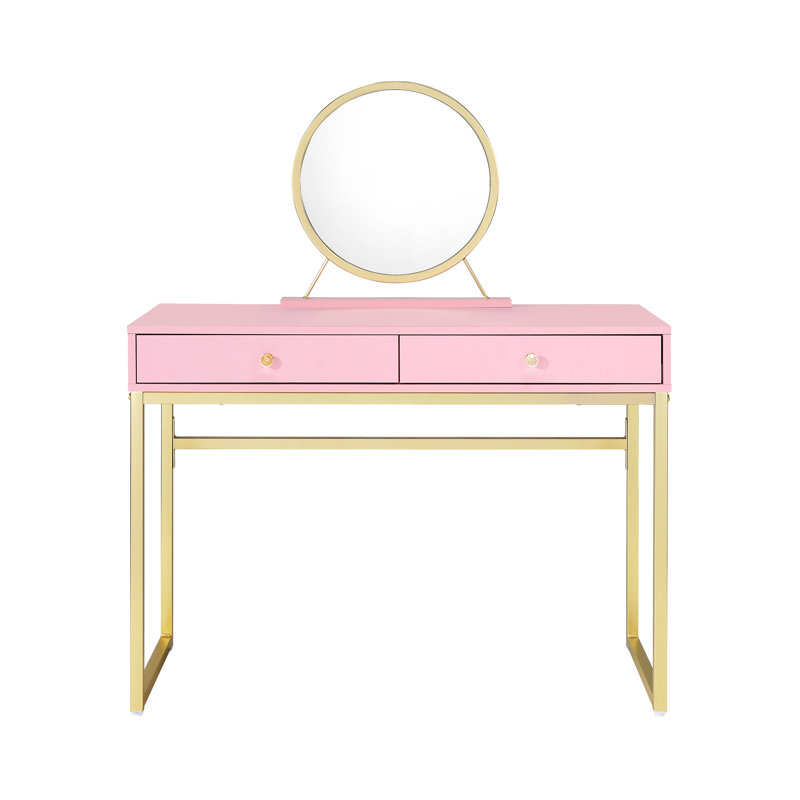 Rectangular Vanity Desk With Pink & Gold Finish, Crystal Handle, Metal Frame, Removable Mirror, Jewelry Tray, 2 Storage Drawers, 2/3 Drawer Extension, Center Glide, Kd Design, Particle Board, ,