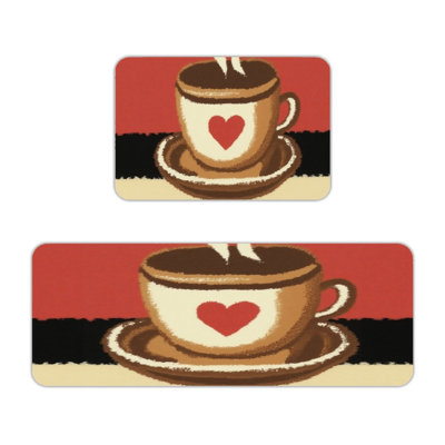 Retro 2 Pack Red Heart Coffee Cup Graphic Kitchen Area Rugs, Indoor Laundry Room