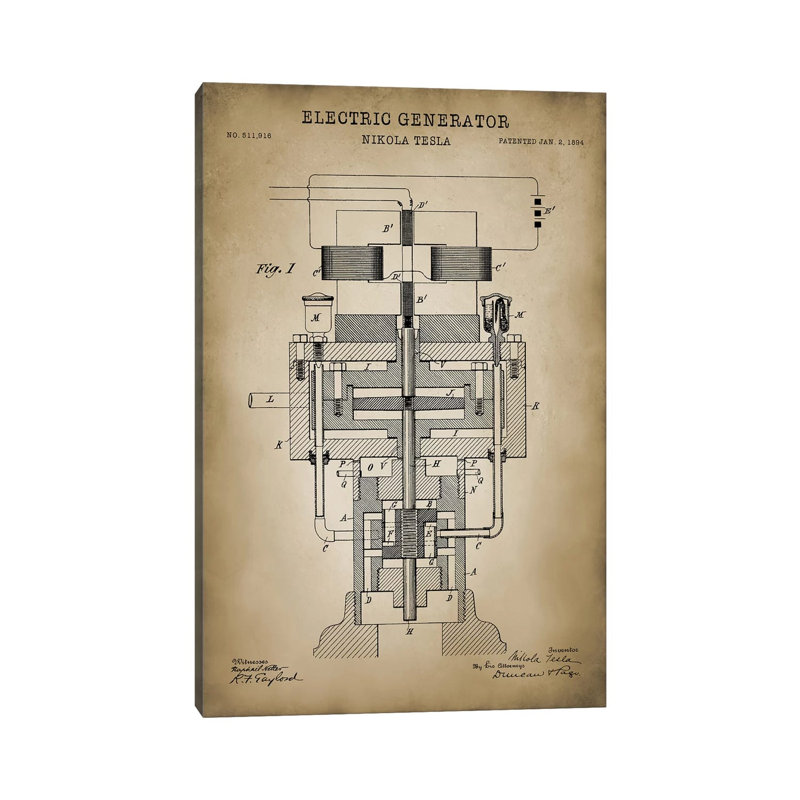 Tesla Electric Generator, Beige - Wrapped Canvas Print, 20.32 cm H x 30.48 cm W