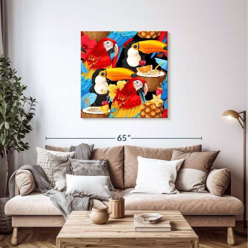 Crowle, cocktails tropicaux et oiseaux, H 36 po x l 36 po