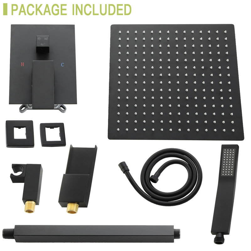 Système de douche noir mat avec bec de baignoire en cascade - douchette de pluie carrée à fixation au plafond de 12 pouces, douche à main, valve, installation facile et pratiques de propreté selon les pratiques