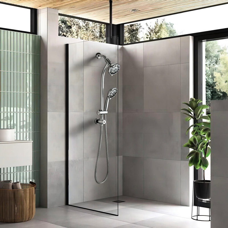 Douchette à 7 jets et pomme de douche à effet pluie de 5 pouces avec barre coulissante réglable de 26 po, installation double débit 18 gallons par minute, aspect nickel brossé, composants en acier inoxydable, pomme à angle réglable, facile