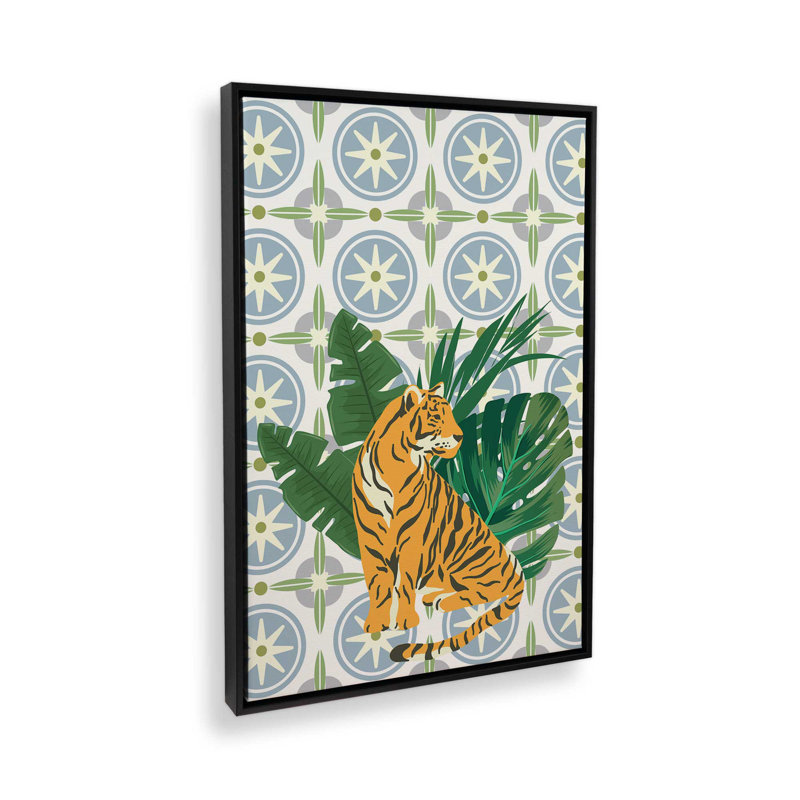 Tigre et motifs tropicaux, reproduction sur toile dans un cadre, H 30,75 po x l 20,75 po, Noir satiné