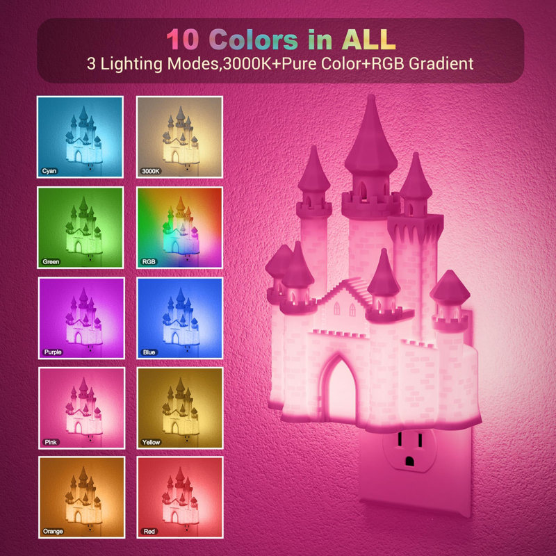 3D Printed Castle Night Light Plug Into Wall, RGB Color Changing Nightlight , Dimmable LED Lamp With Dusk To Dawn Sensor For Bedroom Bathroom Hallway
