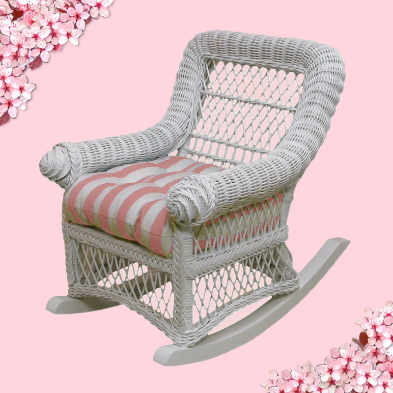 Deas Kids 10.5'' Rocking Chair and Ottoman, White, Green with Teddy Bear Top