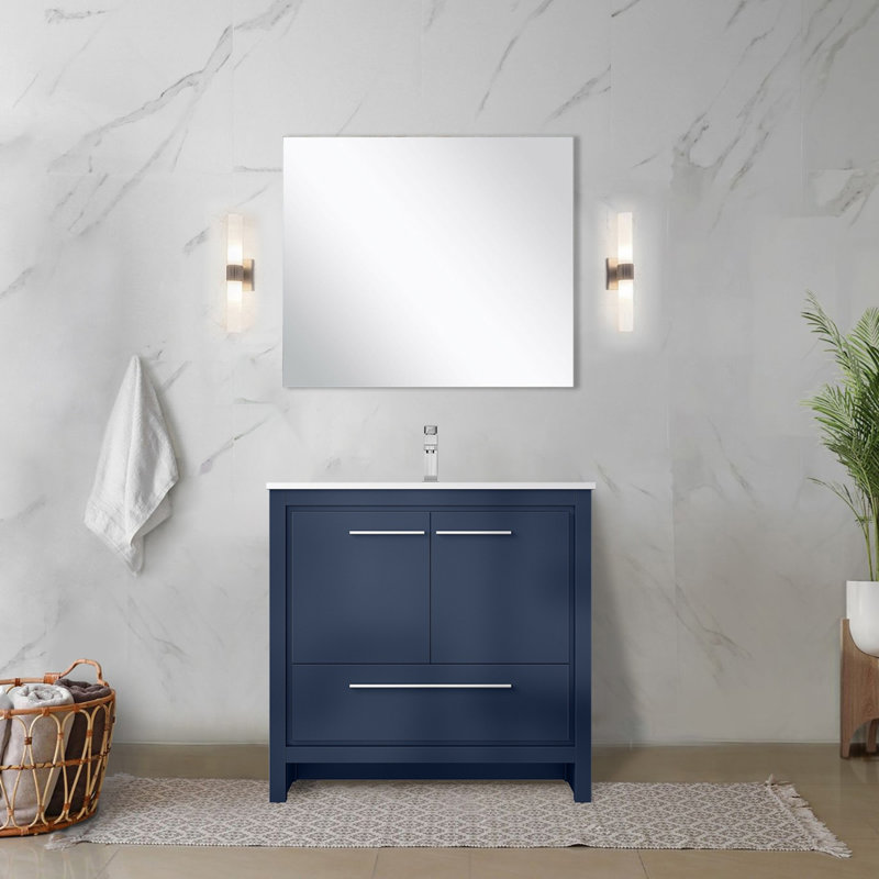 Ensemble de meuble-lavabo bleu marine l 36 po x P 20 po, comptoir en quartz blanc, robinet chromé et miroir 28 po, Navy Blue