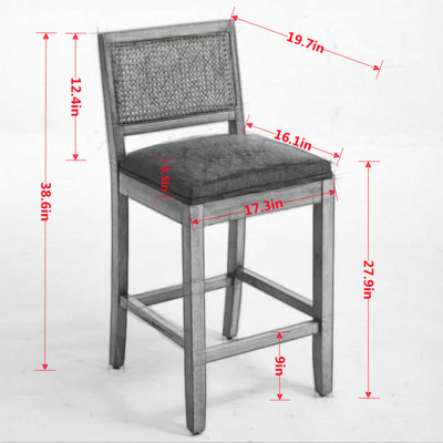 Ensemble de 2 tabourets de bar en bois massif à dossier en rotin, chaises de comptoir en lin vert mat avec ressorts en S