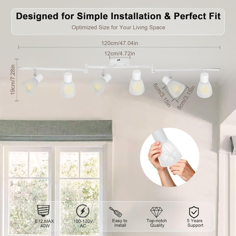 6-Light White Track Light Kit , Flexible Ceiling with  Glass Shades, E12, No Bulbs