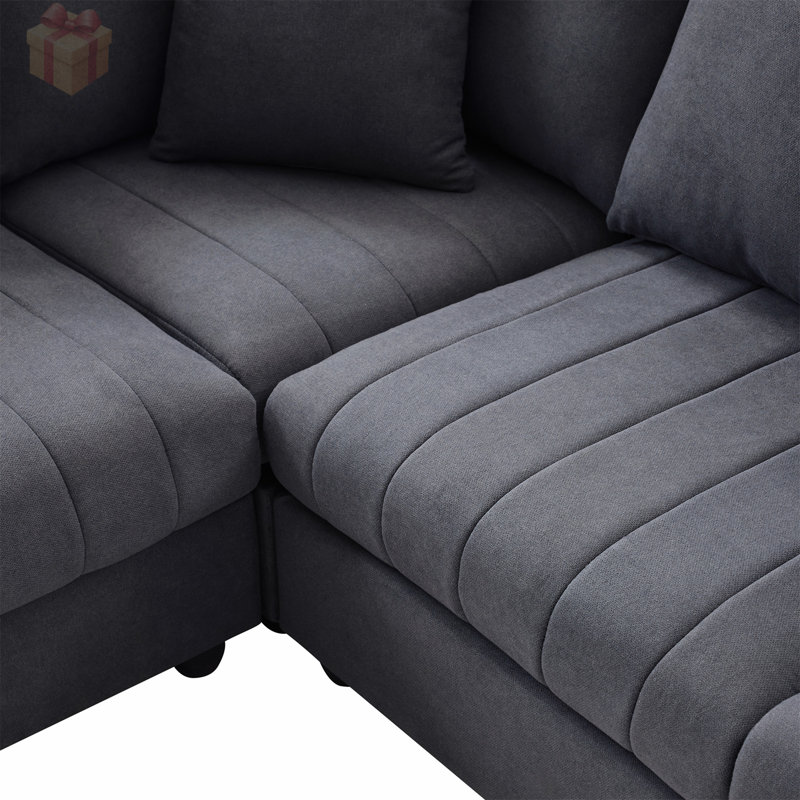 L-Shaped Sectional Sofa with Movable Ottoman and Striped Cushions, Perfect for Modern and Comfortable Living Spaces.