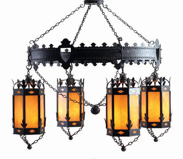 Lustre en roue de chariot à 4 lumières avec abat-jour Valhalla, Rouille antique, Terre marbre