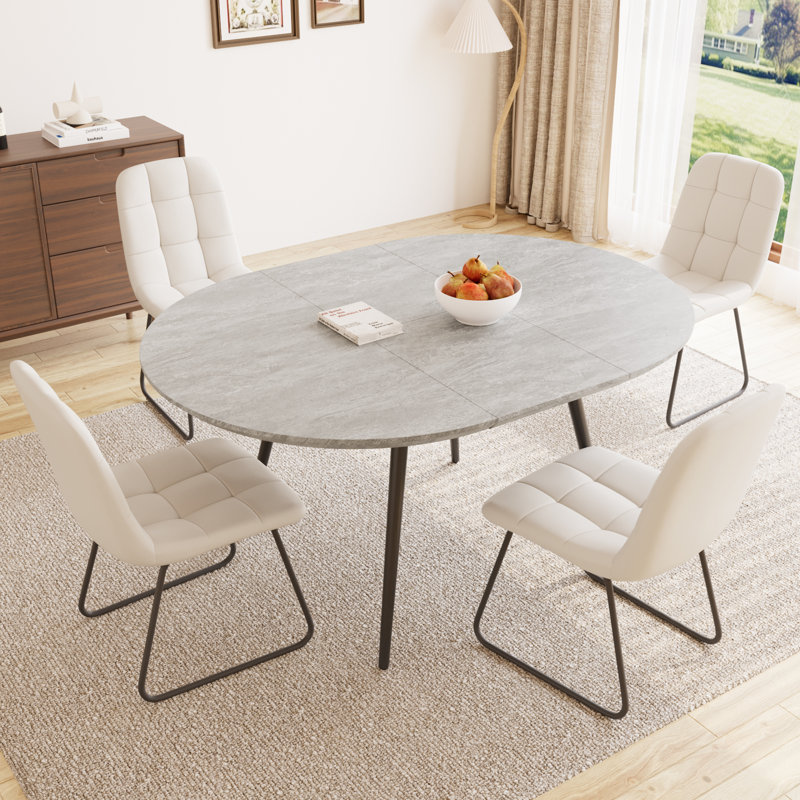 Kitchen Dining Set, Extendable Dining Table With Upholstered Dining Chairs, Beige, Gray