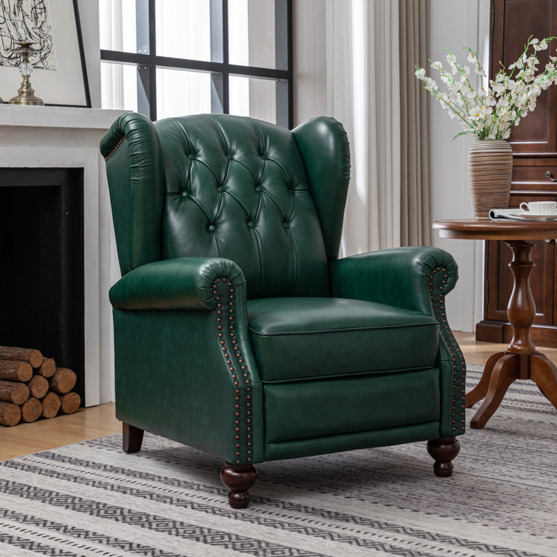 Almantas 31.5" W Genuine Leather Push-Back Recliner, Green Genuine Leather